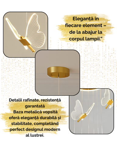 Lustra LED, Suspendata, Pendul, Design in forma de Fluture, Dimabila, 3 Tipuri de Lumina, Calda, Neutra si Rece, Potrivit pentru Dormitor, Bucatarie, Hol, Living, Camera Copii, Birou, Restaurant, Auri [4]