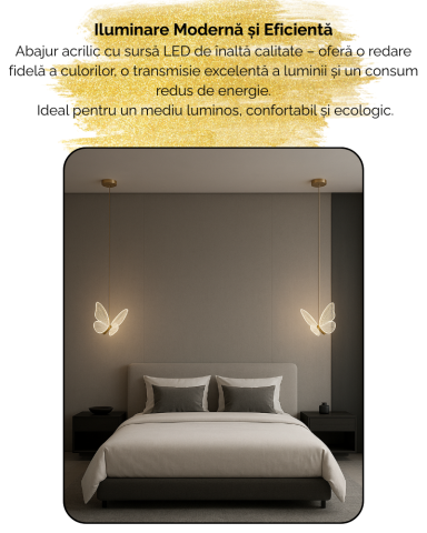 Lustra LED, Suspendata, Pendul, Design in forma de Fluture, Dimabila, 3 Tipuri de Lumina, Calda, Neutra si Rece, Potrivit pentru Dormitor, Bucatarie, Hol, Living, Camera Copii, Birou, Restaurant, Auri [5]