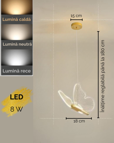 Lustra LED, Suspendata, Pendul, Design in forma de Fluture, Dimabila, 3 Tipuri de Lumina, Calda, Neutra si Rece, Potrivit pentru Dormitor, Bucatarie, Hol, Living, Camera Copii, Birou, Restaurant, Auri [1]