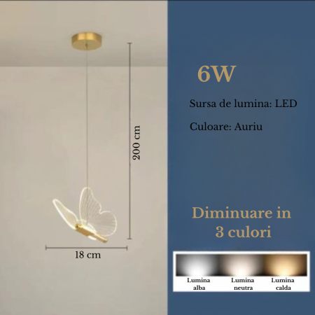 Lustra LED, Suspendata, Pendul, Design in forma de Fluture, Dimabila, 3 Tipuri de Lumina, Calda, Neutra si Rece, Potrivit pentru Dormitor, Bucatarie, Hol, Living, Camera Copii, Birou, Restaurant, Auri [1]