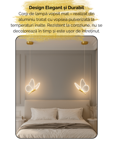 Lustra LED, Suspendata, Pendul, Design in forma de Fluture, Dimabila, 3 Tipuri de Lumina, Calda, Neutra si Rece, Potrivit pentru Dormitor, Bucatarie, Hol, Living, Camera Copii, Birou, Restaurant, Auri [2]