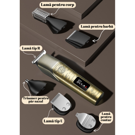 Masina de Tuns Electrica Profesionala 5 in 1, Aparat de Ras, Design Vintage, Ingrijire Barba-Mustata-Par Nazal-Corp, Baza de Incarcare, Afisaj LED, cu Stand de Incarcare Magnetic, 4 Piepteni Ghidare,  [8]