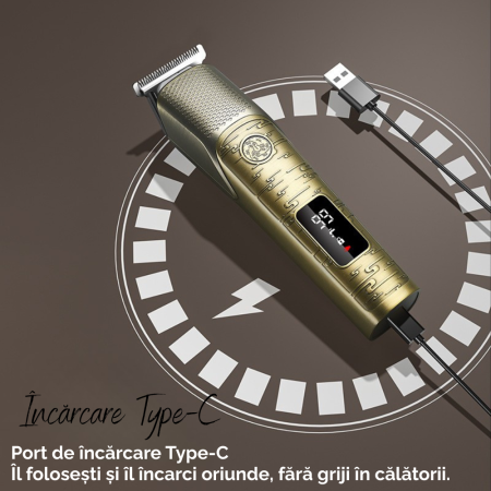 Masina de Tuns Electrica Profesionala 5 in 1, Aparat de Ras, Design Vintage, Ingrijire Barba-Mustata-Par Nazal-Corp, Baza de Incarcare, Afisaj LED, cu Stand de Incarcare Magnetic, 4 Piepteni Ghidare,  [3]