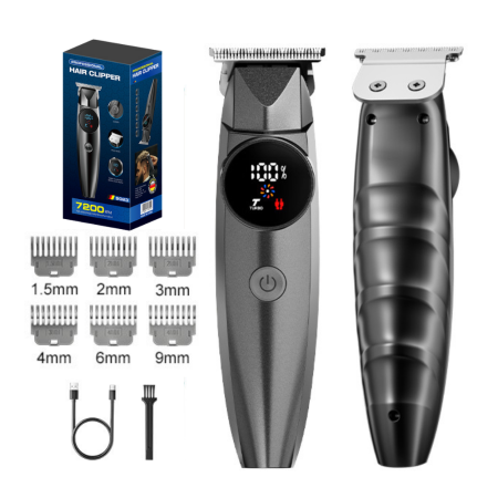 Aparate de tuns - Masina de tuns Electrica Profesionala, Afisaj Digital, Lame Titan inox, 1500 mAh, Motor 7200 RPM, Lavabila, Negru, FILSAB