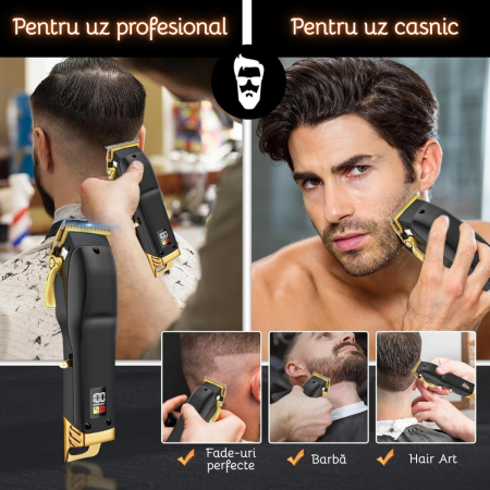 Masina de Tuns Profesionala fara Fir pentru Barbati, 7200 RPM Motor Puternic, Aparat Tuns Par si Barba cu Lame din Otel Inoxidabil, 6 Piepteni Ajustabili, Afisaj Display LED, Autonomie mare 180 Minute [5]