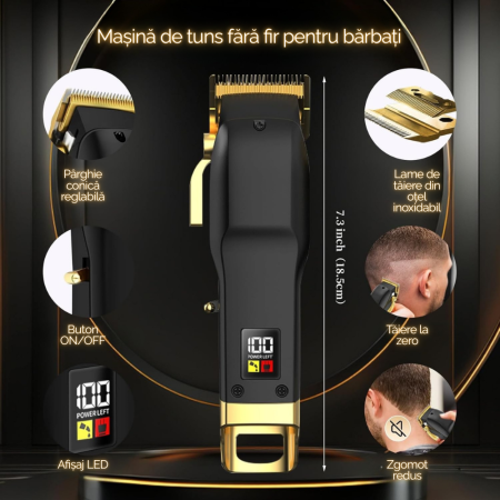 Masina de Tuns Profesionala fara Fir pentru Barbati, 7200 RPM Motor Puternic, Aparat Tuns Par si Barba cu Lame din Otel Inoxidabil, 6 Piepteni Ajustabili, Afisaj Display LED, Autonomie mare 180 Minute [1]