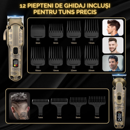 Masina de Tuns Profesionala, Trimmer cu lama in T, pentru Barba, Corp, Nas, Urechii, Fara Fir cu Lame din Otel Inoxidabil, 12 Piepteni Ajustabili, Autonomie 180 min, Motor Silentios si Puternic (7000  [3]