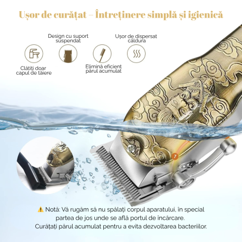 Masina de tuns si aparat de ras, 3 in 1, profesionala, trimmer cu lama T pentru par/barba/par corporal/nas, cu acumulator, afisaj LED, Set, rezistent la apa, retro barber, auriu/bronz, FilSAB [8]