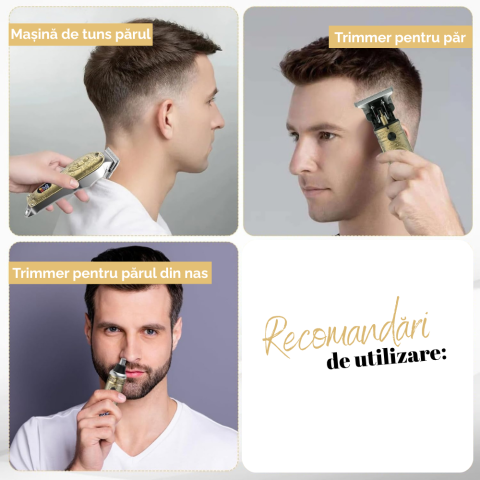 Masina de tuns si aparat de ras, 3 in 1, profesionala, trimmer cu lama T pentru par/barba/par corporal/nas, cu acumulator, afisaj LED, set, rezistent la apa, retro, auriu, FilSAB [10]