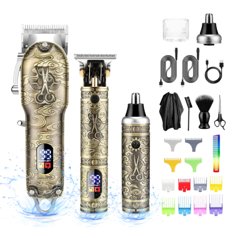 Aparate de tuns - Masina de tuns si aparat de ras, 3 in 1, profesionala, trimmer cu lama T pentru par/barba/par corporal/nas, cu acumulator, afisaj LED, set, rezistent la apa, retro, auriu, FilSAB
