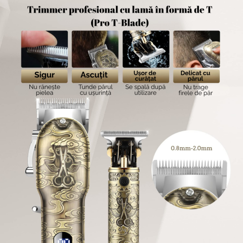 Masina de tuns si aparat de ras, 3 in 1, profesionala, trimmer cu lama T pentru par/barba/par corporal/nas, cu acumulator, afisaj LED, set, rezistent la apa, retro, auriu, FilSAB [4]