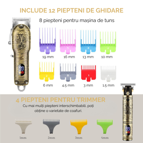 Masina de tuns si aparat de ras, 3 in 1, profesionala, trimmer cu lama T pentru par/barba/par corporal/nas, cu acumulator, afisaj LED, set, rezistent la apa, retro, auriu, FilSAB [6]