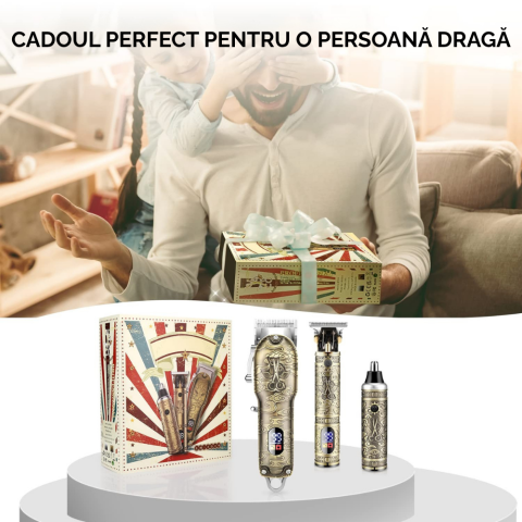 Masina de tuns si aparat de ras, 3 in 1, profesionala, trimmer cu lama T pentru par/barba/par corporal/nas, cu acumulator, afisaj LED, set, rezistent la apa, retro, auriu, FilSAB [9]