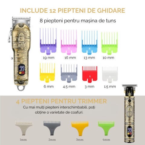 Masina de tuns si aparat de ras, 3 in 1, profesionala, trimmer cu lama T pentru par/barba/par corporal/nas, cu acumulator, afisaj LED, Set, rezistent la apa, retro barber, auriu/bronz, FilSAB [11]