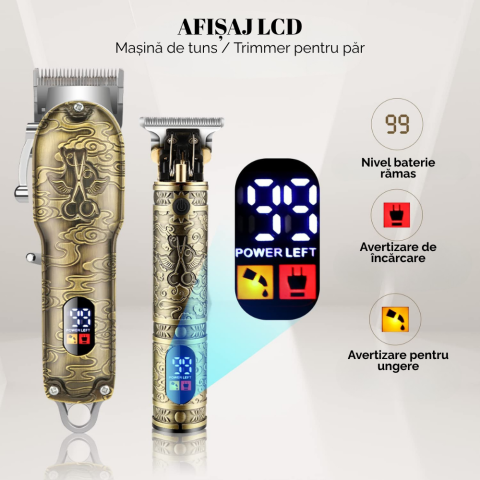 Masina de tuns si aparat de ras, 3 in 1, profesionala, trimmer cu lama T pentru par/barba/par corporal/nas, cu acumulator, afisaj LED, set, rezistent la apa, retro, auriu, FilSAB [3]