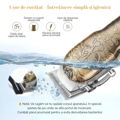 Masina de tuns si aparat de ras, 3 in 1, profesionala, trimmer cu lama T pentru par/barba/par corporal/nas, cu acumulator, afisaj LED, set, rezistent la apa, retro, auriu, FilSAB [8]