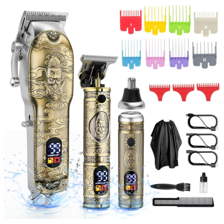 Aparate de tuns - Masina de tuns si aparat de ras, 3 in 1, profesionala, trimmer cu lama T pentru par/barba/par corporal/nas, cu acumulator, afisaj LED, Set, rezistent la apa, retro barber, auriu/bronz, FilSAB