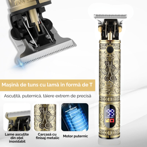 Masina de tuns si aparat de ras, 3 in 1, profesionala, trimmer cu lama T pentru par/barba/par corporal/nas, cu acumulator, afisaj LED, set, rezistent la apa, retro, auriu, FilSAB [2]