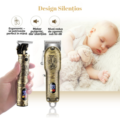 Masina de tuns si aparat de ras, 3 in 1, profesionala, trimmer cu lama T pentru par/barba/par corporal/nas, cu acumulator, afisaj LED, set, rezistent la apa, retro, auriu, FilSAB [1]