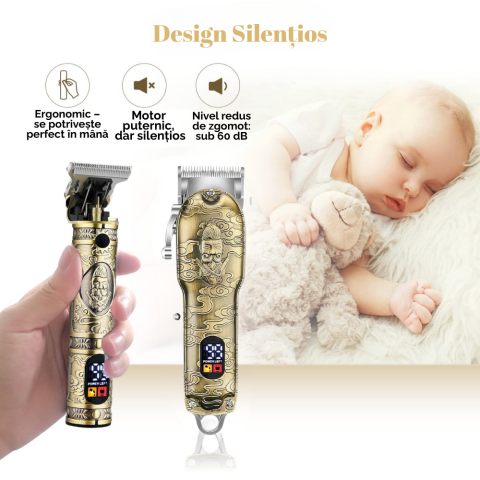 Masina de tuns si aparat de ras, 3 in 1, profesionala, trimmer cu lama T pentru par/barba/par corporal/nas, cu acumulator, afisaj LED, Set, rezistent la apa, retro barber, auriu/bronz, FilSAB [2]