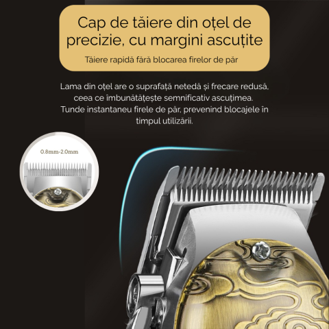 Masina de tuns si aparat de ras, 3 in 1, profesionala, trimmer cu lama T pentru par/barba/par corporal/nas, cu acumulator, afisaj LED, set, rezistent la apa, retro, auriu, FilSAB [7]