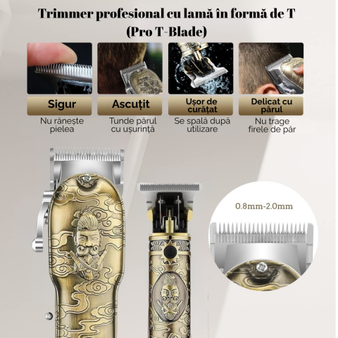 Masina de tuns si aparat de ras, 3 in 1, profesionala, trimmer cu lama T pentru par/barba/par corporal/nas, cu acumulator, afisaj LED, Set, rezistent la apa, retro barber, auriu/bronz, FilSAB [13]