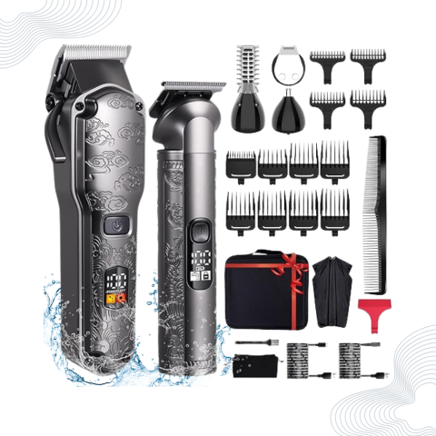 Masina de tuns si aparat de ras, profesionala, trimmer cu lama T pentru par/barba/par corporal/nas, acumulator, afisaj LED, set, rezistent la apa, retro, negru, FilSAB [0]