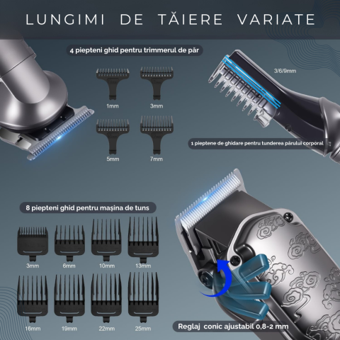 Masina de tuns si aparat de ras, profesionala, trimmer cu lama T pentru par/barba/par corporal/nas, acumulator, afisaj LED, set, rezistent la apa, retro, negru, FilSAB [1]