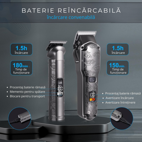 Masina de tuns si aparat de ras, profesionala, trimmer cu lama T pentru par/barba/par corporal/nas, acumulator, afisaj LED, set, rezistent la apa, retro, negru, FilSAB [2]