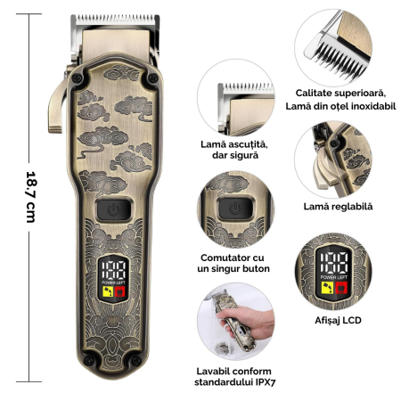 Masina de tuns si aparat de ras, profesionala, trimmer cu lama T pentru par/barba/par corporal/nas, cu acumulator, afisaj LED, set, rezistent la apa, retro, auriu [5]