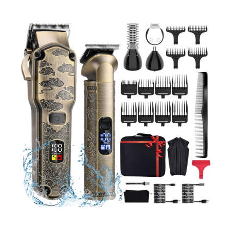 Aparate de tuns - Masina de tuns si aparat de ras, profesionala, trimmer cu lama T pentru par/barba/par corporal/nas, cu acumulator, afisaj LED, set, rezistent la apa, retro, auriu