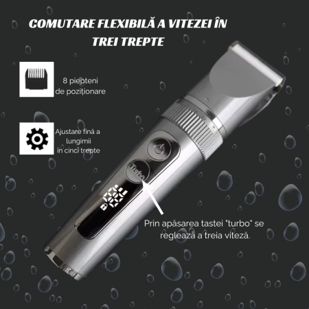 Masina de Tuns si Aparat de Ras Ras si Barbierit Parul si Barba, Profesionala, Electric, Lame din Ceramica, Afisaj LED, 3 Viteze, Turbo, 5 Nivele de Reglare Fina a Lungimii 0,8-2,0mm, Rezistenta la Ap [2]