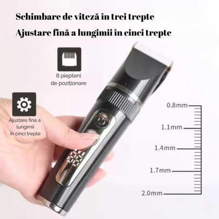 Masina de Tuns si Aparat de Ras si Barbierit Parul si Barba, Profesionala, Electric, Lame din Ceramica, Afisaj LED, 3 Viteze, Turbo, 5 Nivele de Reglare Fina a Lungimii 0,8-2,0mm, Rezistenta la Apa IP [2]