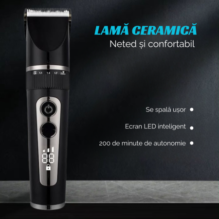 Masina de Tuns si Aparat de Ras si Barbierit Parul si Barba, Profesionala, Electric, Lame din Ceramica, Afisaj LED, 3 Viteze, Turbo, 5 Nivele de Reglare Fina a Lungimii 0,8-2,0mm, Rezistenta la Apa IP [3]