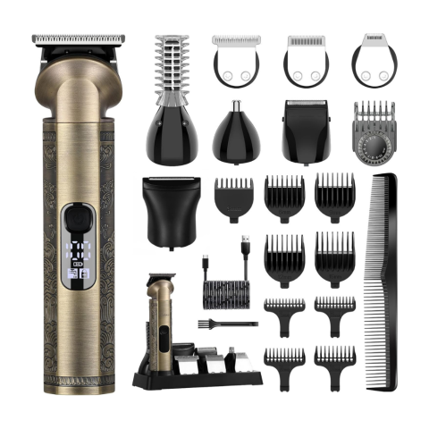 Aparate de ras electrice - Set de ingrijire pentru barbati 8 in 1 – Trimmer cu lama T Zero Gap, Aparat de tuns par si barba electric, Aparat de ras electric, Rezistent la apa, Auriu, FilSAB
