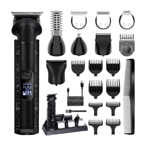 Aparate de ras electrice - Set de ingrijire pentru barbati 8 in 1 – Trimmer cu lama T Zero Gap, Aparat de tuns par si barba electric, Aparat de ras electric, Rezistent la apa, Negru, FilSAB
