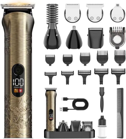 Aparate de ras electrice - Trimmer pentru barbati 8 in 1 cu lama T Zero Gap, Aparat de tuns par si barba electric, Aparat de ras electric, Rezistent la apa, Auriu RETRO, FilSAB
