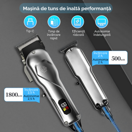 Set Masina de Tuns Profesionala si Aparat de Ras, Trimmer T-Blade cu Lama Zero Gap, Motor 6800 RPM, Fara Fir, Incarcare USB, Lama Reglabila 0.3-3.6 mm, 10 Piepteni - 6 cu Metal, Precizie pentru Par, B [1]