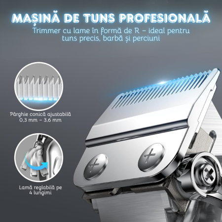 Set Masina de Tuns Profesionala si Aparat de Ras, Trimmer T-Blade cu Lama Zero Gap, Motor 6800 RPM, Fara Fir, Incarcare USB, Lama Reglabila 0.3-3.6 mm, 10 Piepteni - 6 cu Metal, Precizie pentru Par, B [4]