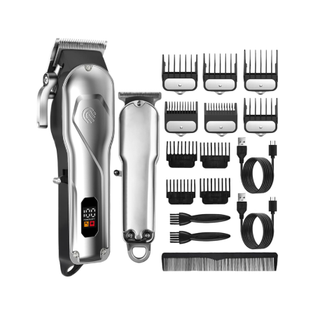 Aparate de tuns - Set Masina de Tuns Profesionala si Aparat de Ras, Trimmer T-Blade cu Lama Zero Gap, Motor 6800 RPM, Fara Fir, Incarcare USB, Lama Reglabila 0.3-3.6 mm, 10 Piepteni - 6 cu Metal, Precizie pentru Par, B