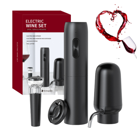 Tirbusoane si dopuri - Tirbuson electric automat pentru vin, reincarcabil, Set 4 in 1, aerator si dozator de vin electric, accesoriu taiat sigiliu sticla, dop sticla vin cu pompa vid pentru a scoate aerul, functie inainte-i