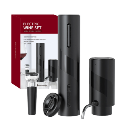 Tirbuson electric automat, reincarcabil, Set 4 in 1, aerator si dozator de vin electric, accesoriu taiat sigiliu sticla, dop sticla vin cu pompa vid pentru a scoate aerul, functie inainte-inapoi, One- [1]