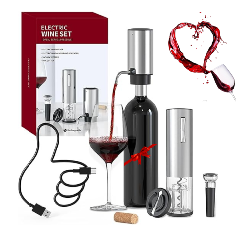 Tirbusoane si dopuri - Tirbuson electric automat, reincarcabil, Set 4 in 1, aerator si dozator de vin electric, accesoriu taiat sigiliu sticla, dop sticla vin cu pompa vid pentru a scoate aerul, functie inainte-inapoi, One-