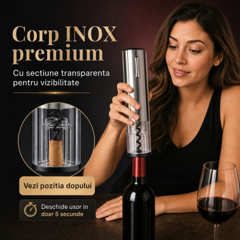 Tirbuson electric automat, reincarcabil, Set 4 in 1, aerator si dozator de vin electric, accesoriu taiat sigiliu sticla, dop sticla vin cu pompa vid pentru a scoate aerul, functie inainte-inapoi, One- [6]