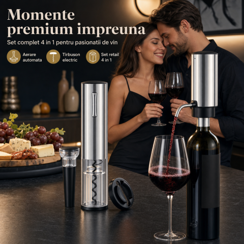 Tirbuson electric automat, reincarcabil, Set 4 in 1, aerator si dozator de vin electric, accesoriu taiat sigiliu sticla, dop sticla vin cu pompa vid pentru a scoate aerul, functie inainte-inapoi, One- [1]