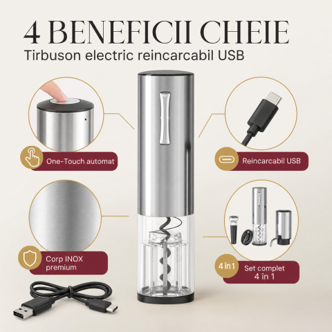 Tirbuson electric automat, reincarcabil, Set 4 in 1, aerator si dozator de vin electric, accesoriu taiat sigiliu sticla, dop sticla vin cu pompa vid pentru a scoate aerul, functie inainte-inapoi, One- [8]