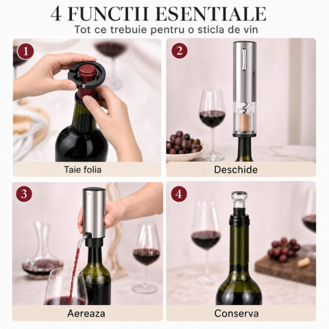 Tirbuson electric automat, reincarcabil, Set 4 in 1, aerator si dozator de vin electric, accesoriu taiat sigiliu sticla, dop sticla vin cu pompa vid pentru a scoate aerul, functie inainte-inapoi, One- [2]