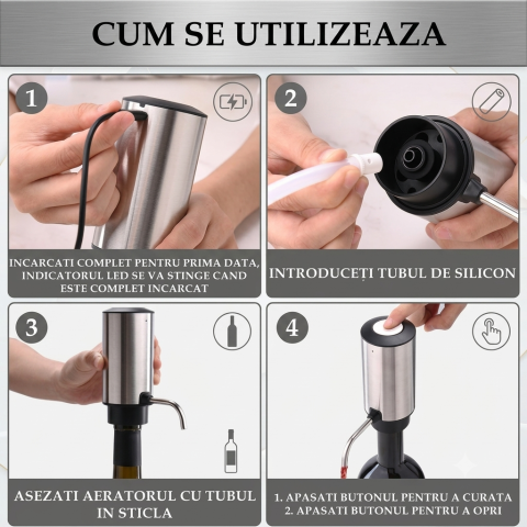 Tirbuson electric automat, reincarcabil, Set 4 in 1, aerator si dozator de vin electric, accesoriu taiat sigiliu sticla, dop sticla vin cu pompa vid pentru a scoate aerul, functie inainte-inapoi, One- [5]