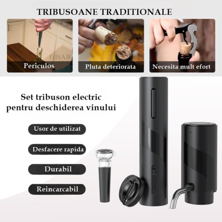 Tirbuson electric automat, reincarcabil, Set 4 in 1, aerator si dozator de vin electric, accesoriu taiat sigiliu sticla, dop sticla vin cu pompa vid pentru a scoate aerul, functie inainte-inapoi, One- [5]