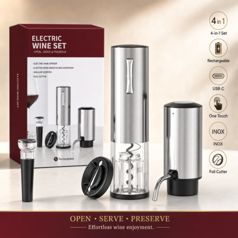 Tirbusoane si dopuri - Tirbuson electric automat, reincarcabil, Set 4 in 1, aerator si dozator de vin electric, accesoriu taiat sigiliu sticla, dop sticla vin cu pompa vid pentru a scoate aerul, functie inainte-inapoi, One-